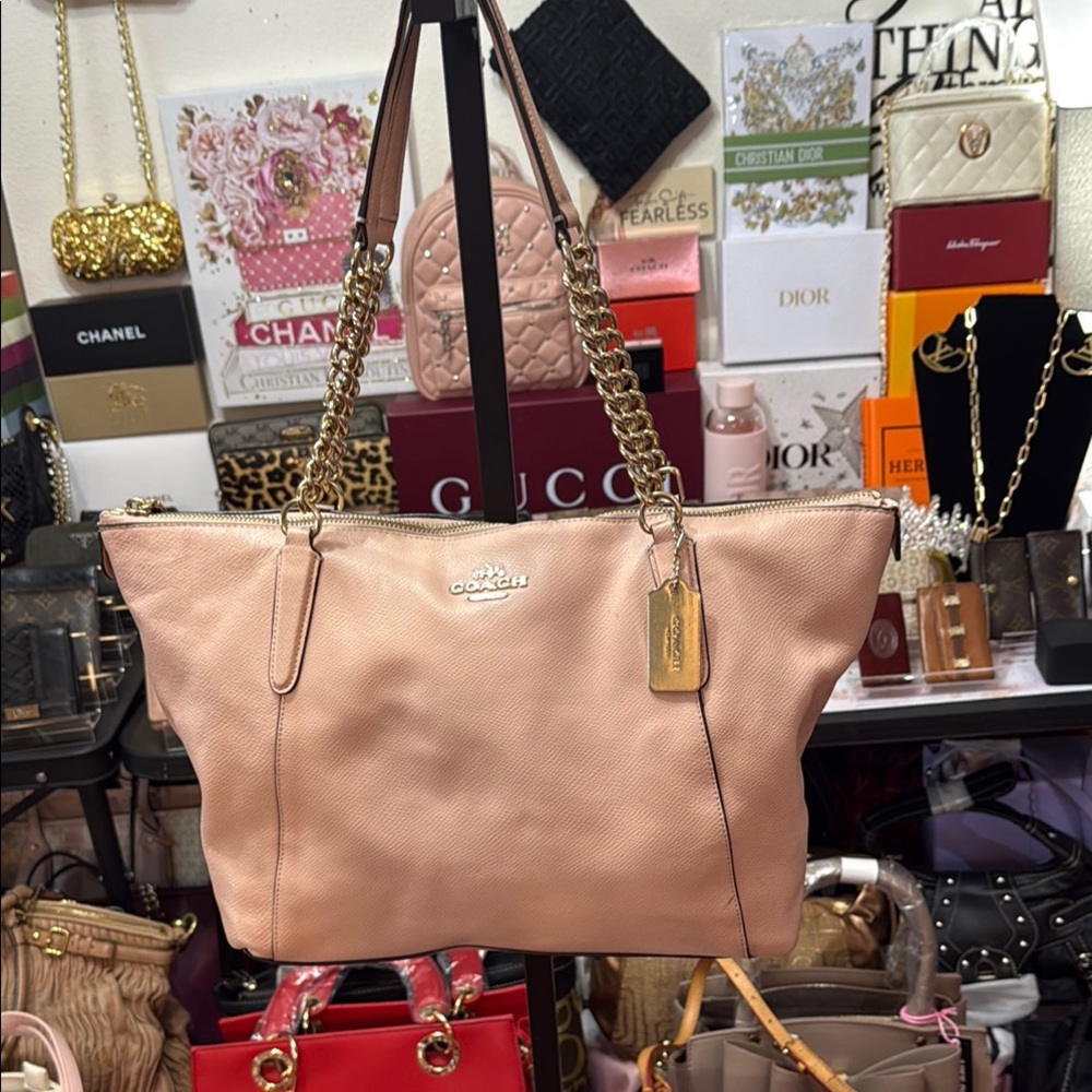 Coach Blush Leather Tote with Gold Chain